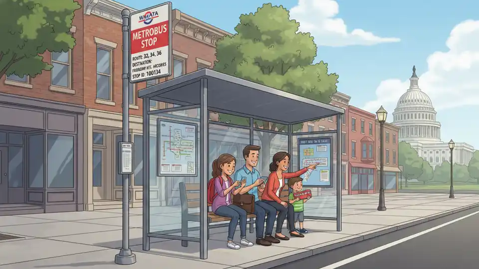 WMATA bus stop sign and shelter on Pennsylvania Avenue SE in Washington DC, showing route information and stop ID number