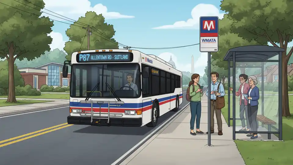 WMATA P87 bus at a suburban bus stop on Allentown Road with passengers waiting