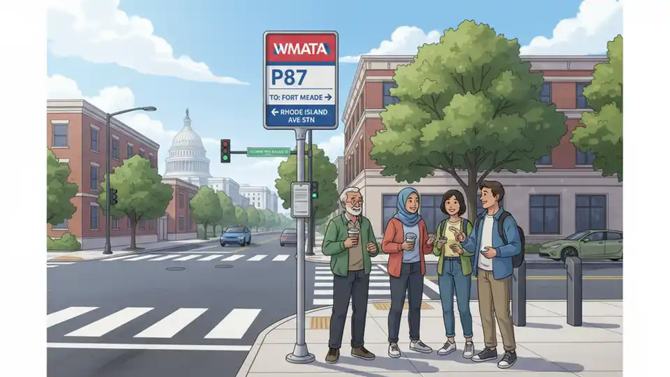 WMATA bus stop sign showing route P87 information with street intersection in background