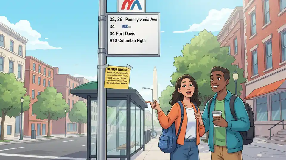 WMATA bus stop sign with route information and detour notice posted for riders