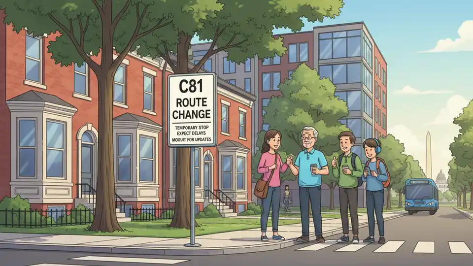 Temporary bus stop sign on Kennedy Street NW at Illinois Avenue showing C81 route information with pedestrians waiting