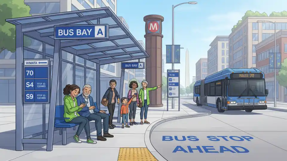 Bus bay signage at Washington DC Metro station showing route numbers and stop identification, with covered waiting area