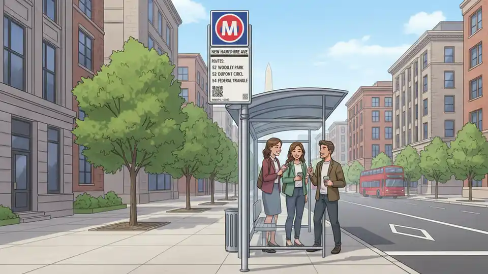 Metro bus stop sign on New Hampshire Avenue with route information and shelter in Washington DC