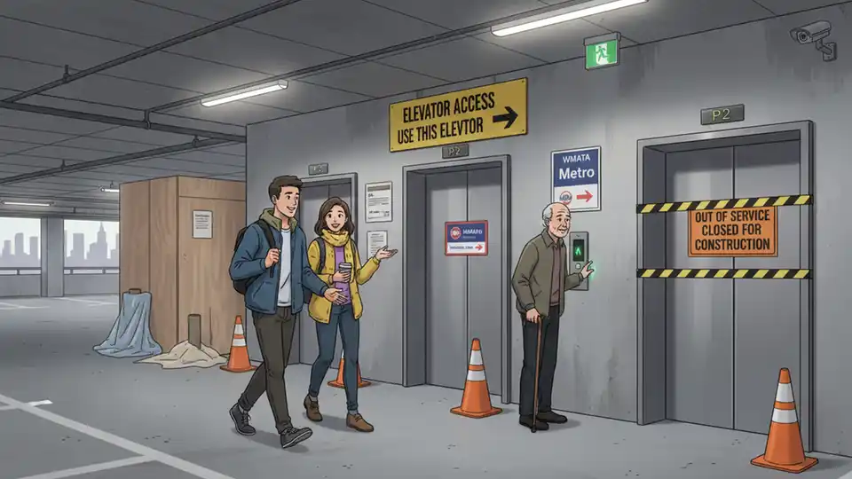 Metro parking garage elevator entrance with directional signage showing available elevator access during construction