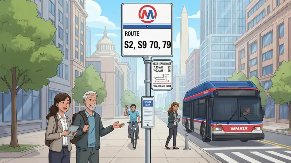 Close-up of WMATA bus stop sign pole with route number and schedule information posted on urban street