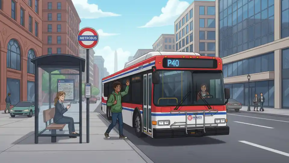 WMATA P40 bus stopped at street-level bus stop on urban road with commercial buildings in background