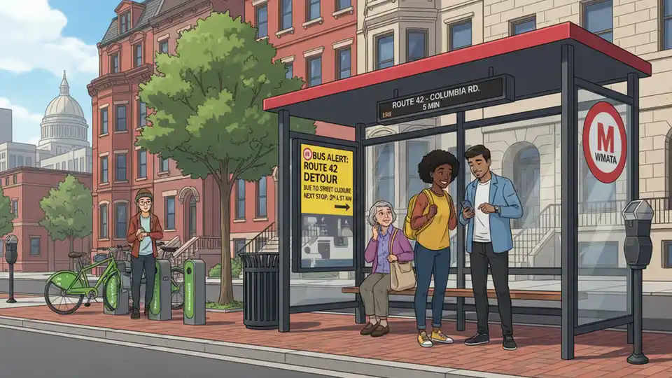 DC Metro bus route detour sign at urban bus stop with passengers waiting