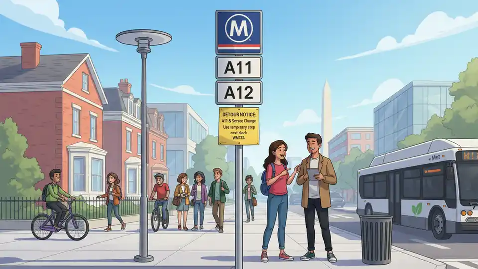 Metro bus stop sign showing route A11 and A12 with detour notice posted