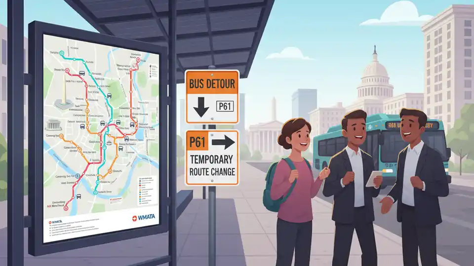 WMATA route map showing P41 and P61 bus lines with detour signage