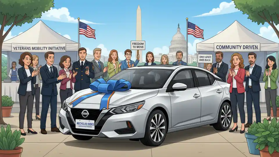 2022 Nissan Sentra sedan at a community vehicle donation event, showing the type of refurbished car provided to veterans through the Recycled Rides program