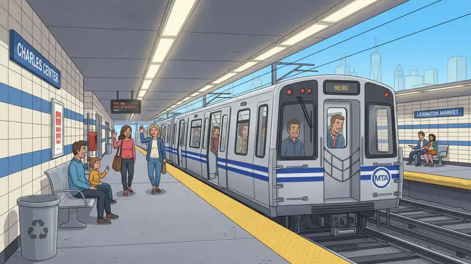 Maryland Transit Administration Metro subway train at downtown Baltimore station platform