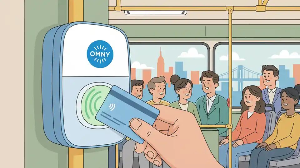 Close-up of OMNY contactless payment card reader on MTA bus with rider tapping payment card, showing the blue OMNY logo and payment interface