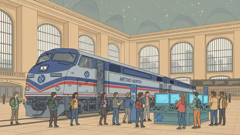 Metro-North Railroad Heritage Series locomotive on display at Grand Central Terminal with students viewing train simulator equipment during autism awareness event
