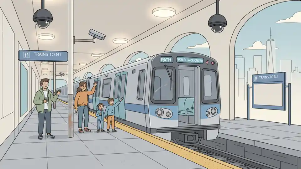 PATH train at station platform with modern security cameras and updated lighting systems visible