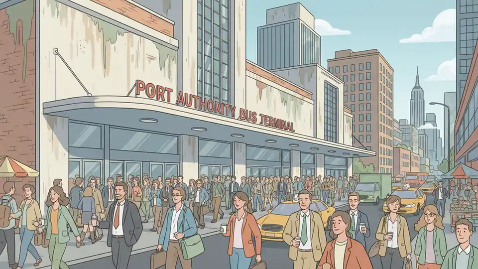 Midtown Bus Terminal exterior with commuters entering during morning rush hour, showing the aging facility's current condition