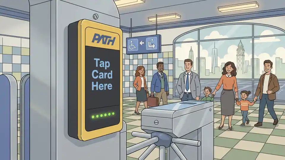 Close-up of PATH fare card reader at turnstile with accessibility signage in background