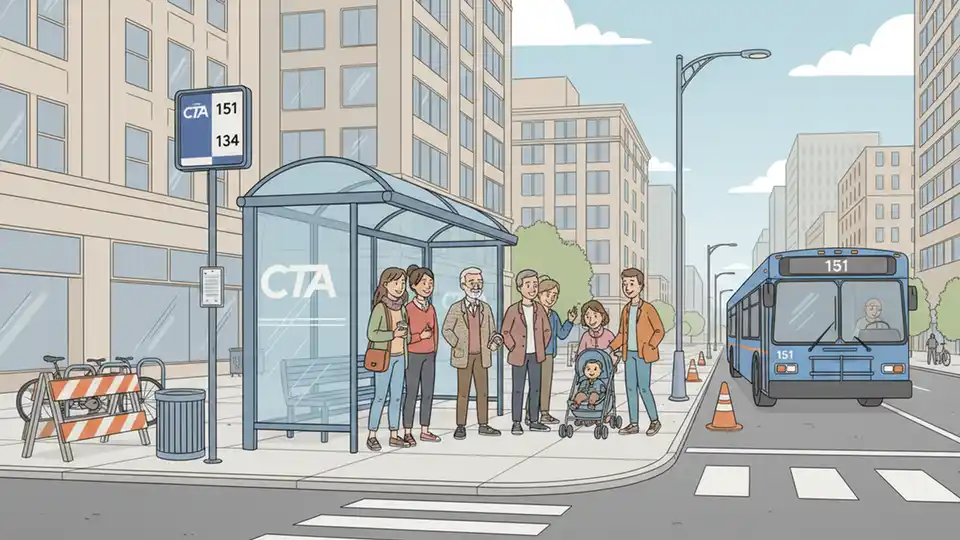 Chicago Transit Authority bus stop sign and shelter at downtown street corner with construction barriers visible