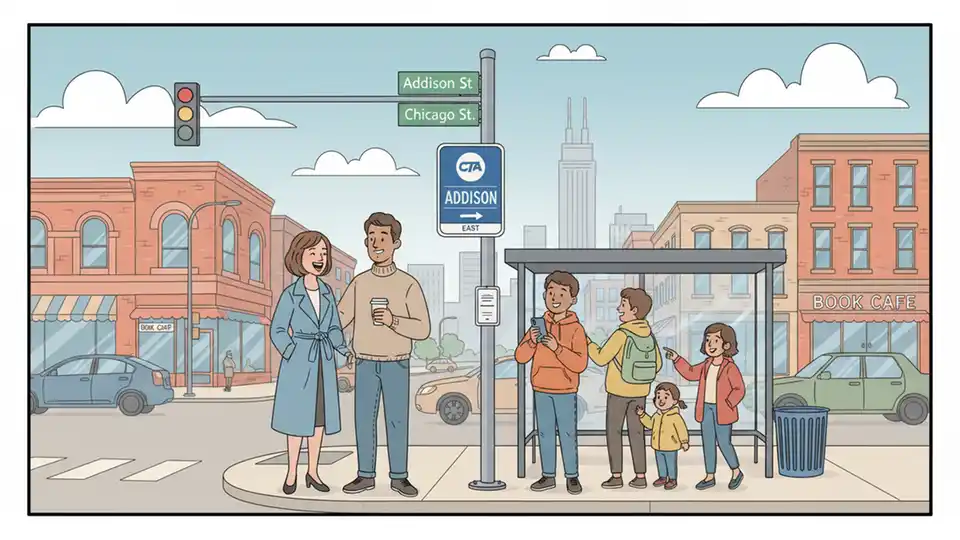 CTA bus stop sign for route 152 Addison with Chicago street intersection and pedestrians waiting
