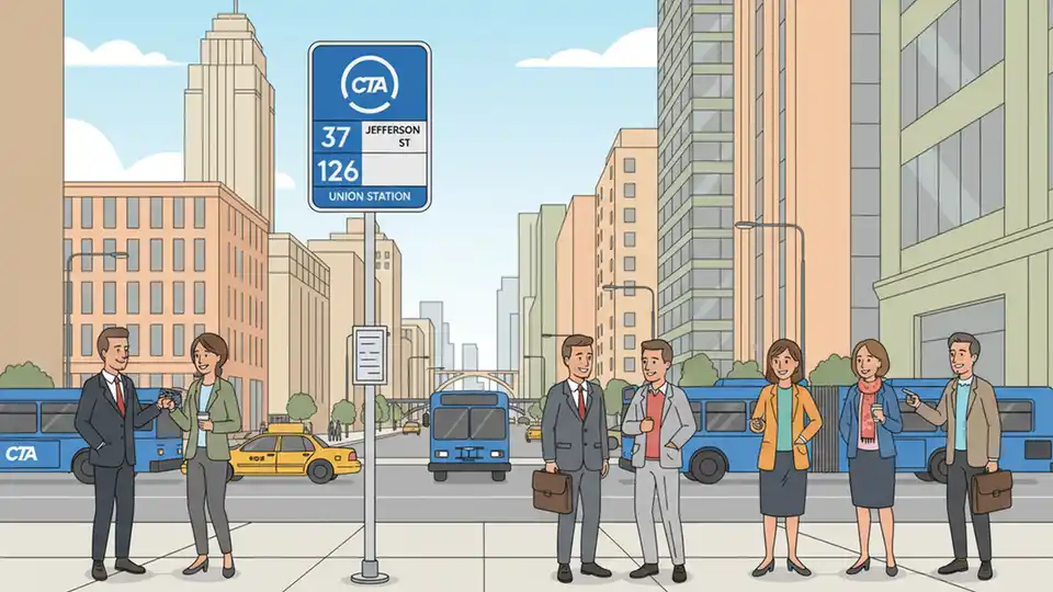 CTA bus stop sign on Jefferson Street with downtown Chicago streetscape and pedestrians waiting
