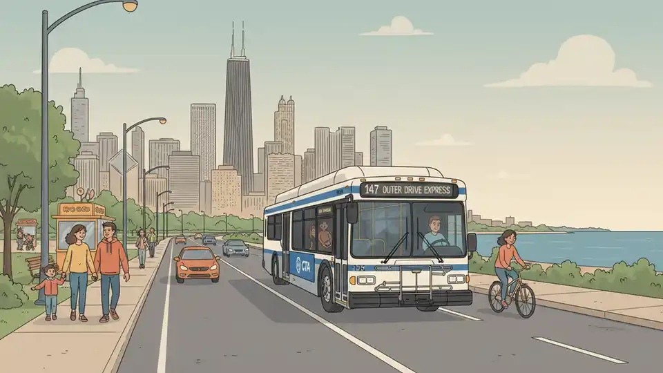 CTA express bus traveling along Inner Lake Shore Drive with Chicago skyline visible in background