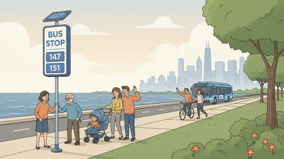 CTA bus stop sign on Inner Lake Shore Drive with Lake Michigan visible in background