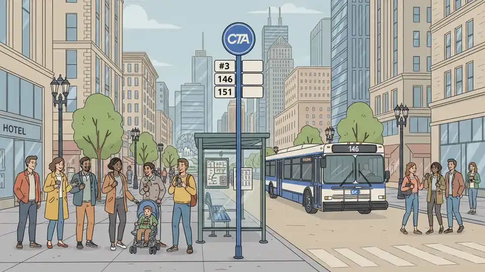 Downtown Chicago bus stop with CTA route sign and Michigan Avenue in background