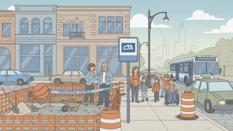Sidewalk construction zone near Chicago bus stop with orange safety barriers and equipment