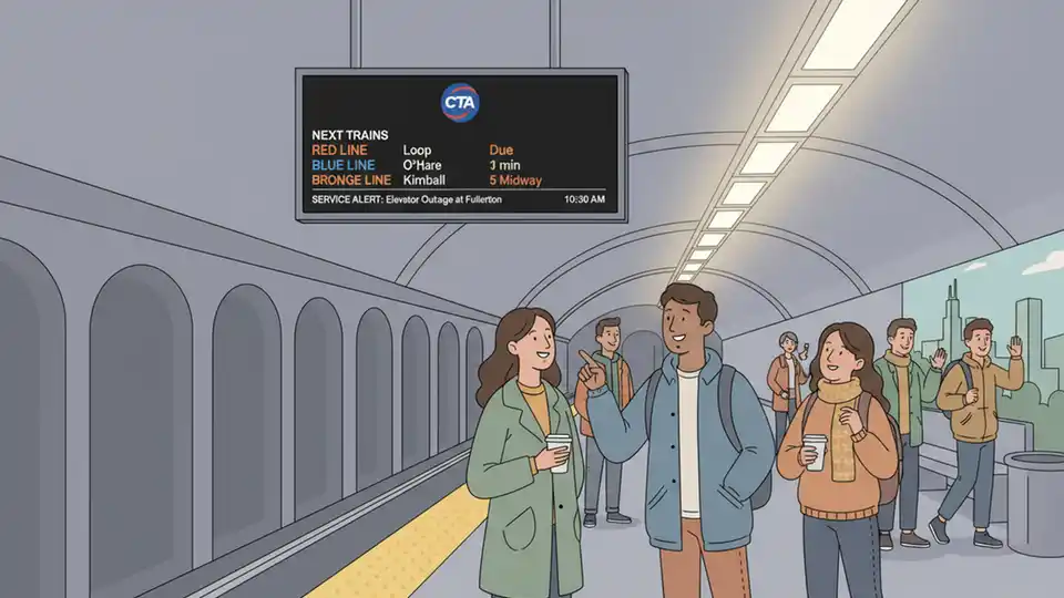 CTA Train Tracker display screen at subway station platform showing arrival times
