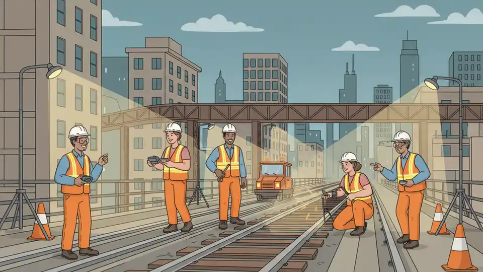 CTA track maintenance crew working on rail line at night with safety equipment and lighting