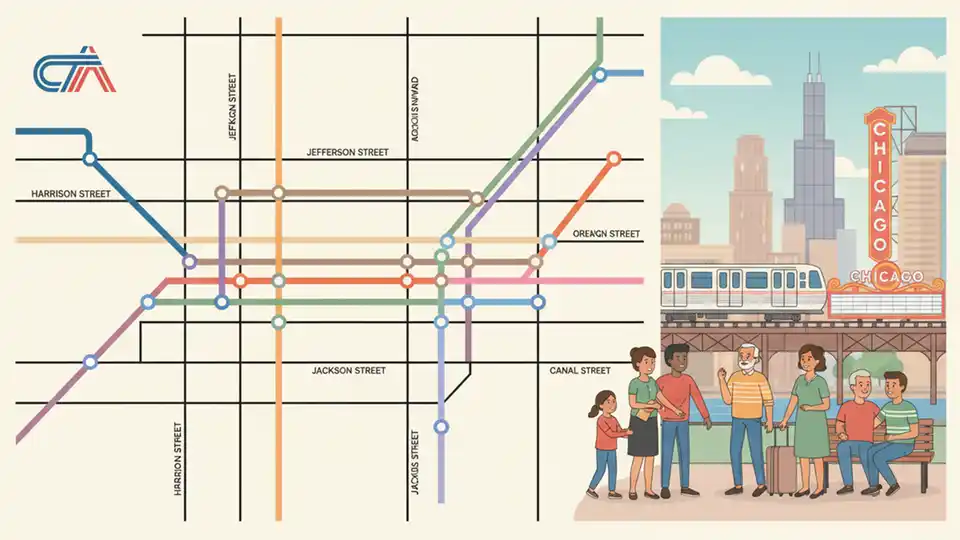CTA route map showing downtown Chicago streets including Harrison, Jefferson, Jackson, and Canal