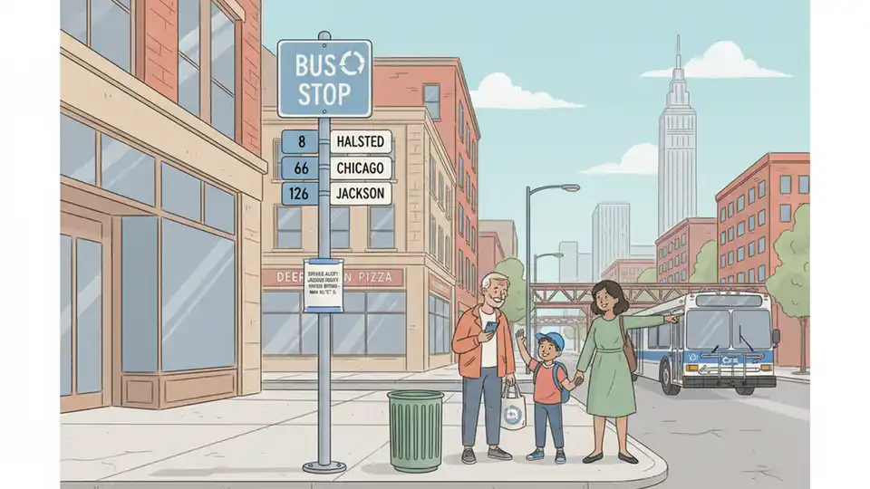 CTA bus stop sign on urban street corner with temporary service notice posted