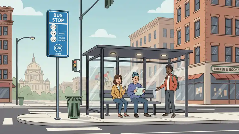 CTA bus stop sign and shelter at a Chicago street corner with route number displayed