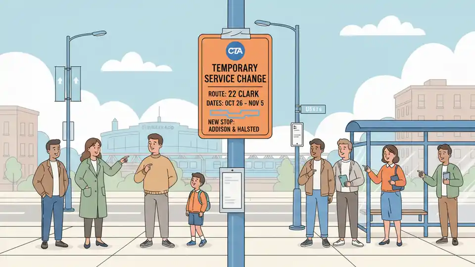 CTA bus route detour sign posted at bus stop showing temporary service changes