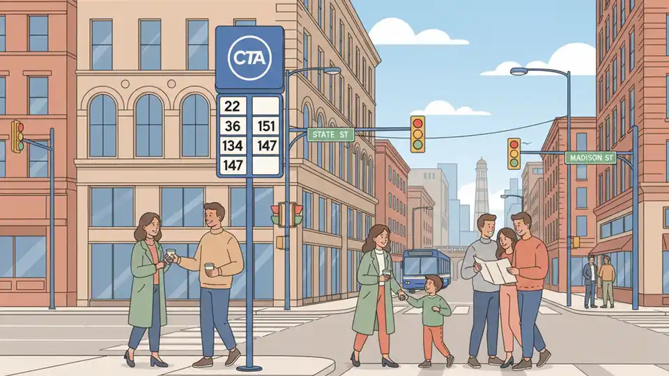 CTA bus stop sign showing route numbers with Chicago street intersection in background during daytime