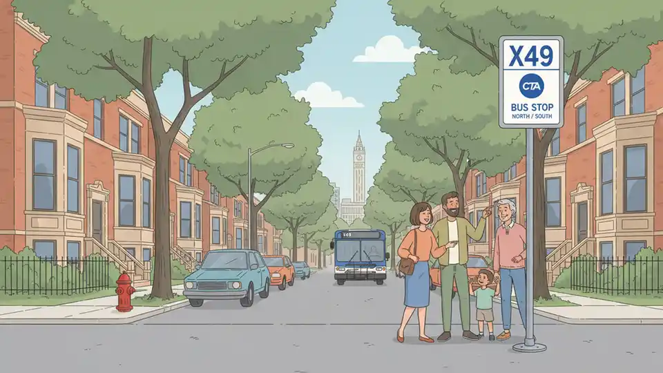 Chicago bus stop sign showing route number with residential street scene