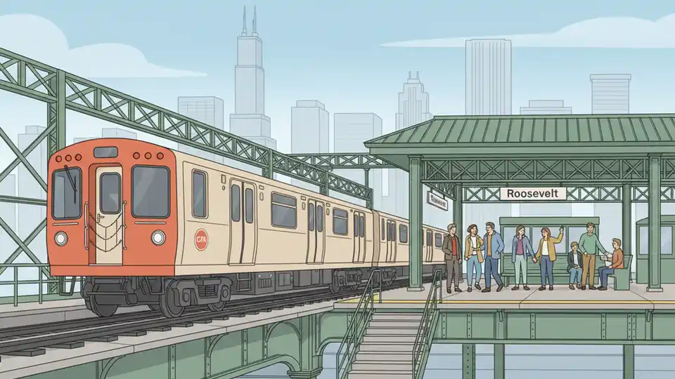 CTA Loop 'L' train stopped at Roosevelt station platform with passengers waiting