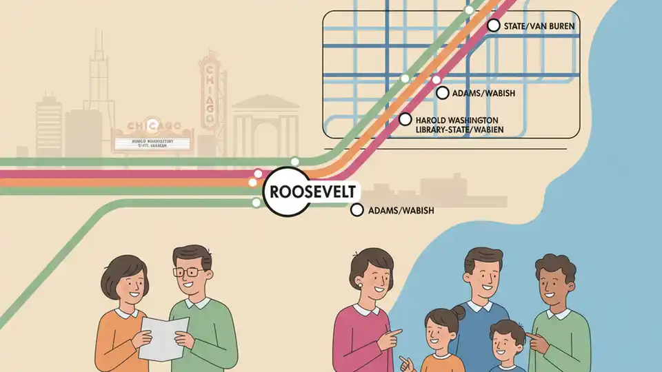 CTA rail map showing Green Line, Orange Line, and Pink Line routes converging near Roosevelt station