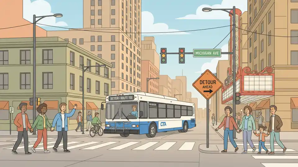 Chicago Transit Authority bus navigating detour route on city street, showing urban intersection with traffic signals and street signs