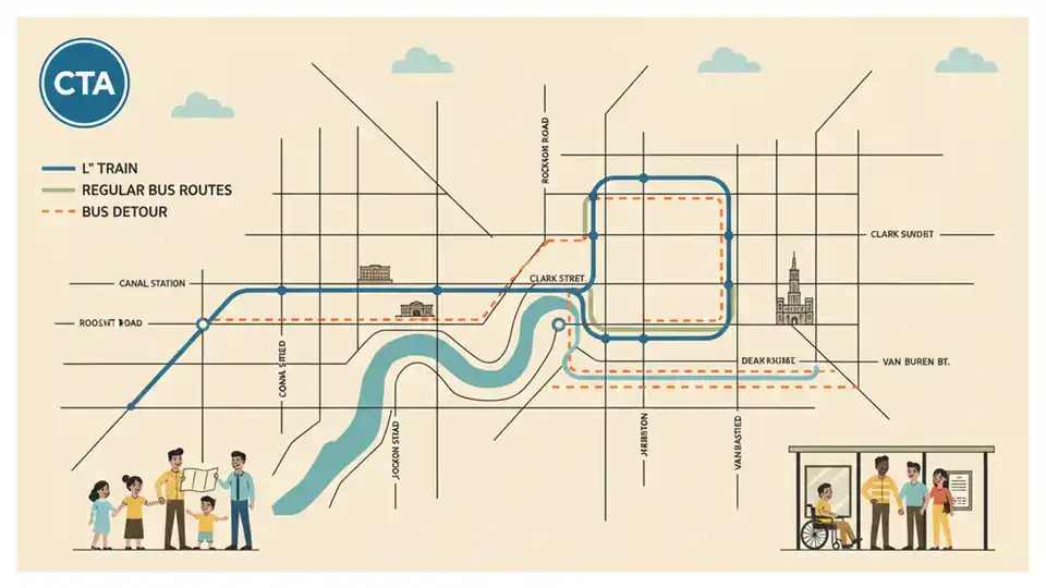CTA route map showing downtown Chicago streets including Roosevelt, Canal, Jackson, Clark, Harrison, Dearborn, and Van Buren with bus route detour paths highlighted