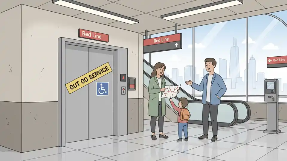 CTA elevator entrance at downtown Chicago Red Line station with out of service signage and accessibility symbols
