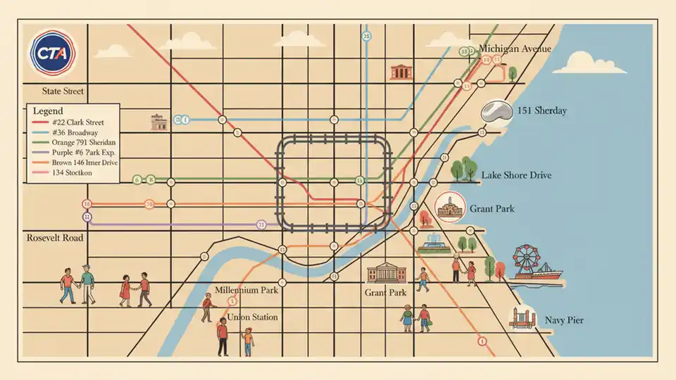 CTA route map showing downtown Chicago bus routes with street grid visible