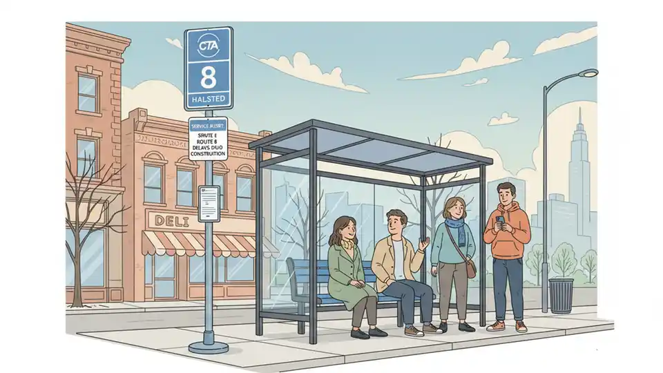 Chicago Transit Authority bus stop sign for Route 8 Halsted with service alert posted and passengers waiting at covered shelter