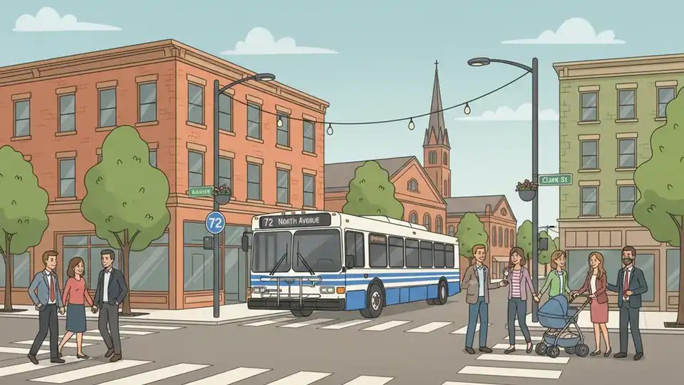 CTA bus route 72 stopped at North Avenue and Clark Street intersection in Chicago with pedestrians visible on sidewalk