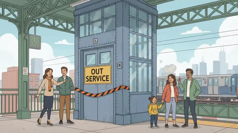 CTA rail platform elevator with out of service sign, showing typical Chicago 'L' station architecture and accessibility equipment