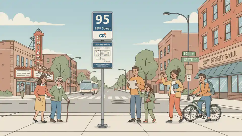 CTA bus stop sign showing Route 95 service information with 95th Street visible in background