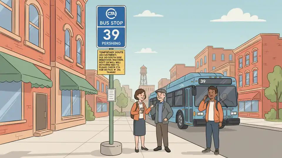 CTA bus stop sign showing route #39 Pershing with temporary service notice posted