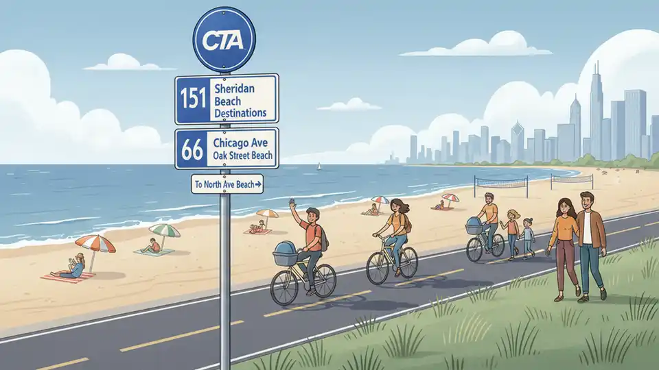 CTA bus stop sign showing route numbers with beach destination information, lakefront path and beach area visible in background