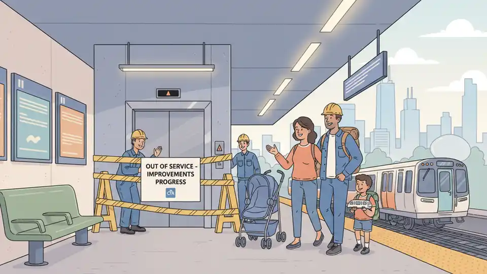 CTA elevator maintenance with yellow caution barriers and out of service signage at Chicago transit station platform level
