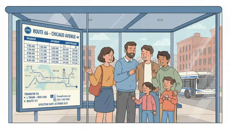 CTA bus route timetable display at Chicago transit shelter showing schedule information