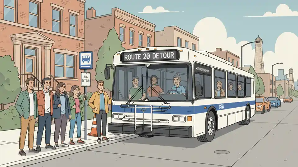 CTA bus at a West Side stop with passengers boarding during a route detour